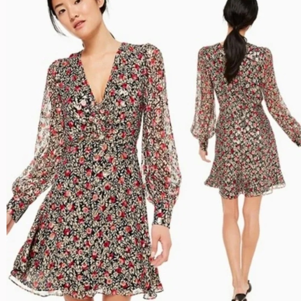 Kate Spade Size 10 Floral Park Clip Dot Dress Long Sleeves V-neck Metallic Silk